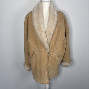 Vintage 80's Beige suede Penny Lane coat Faux Fur Trim Womens Small Patina
